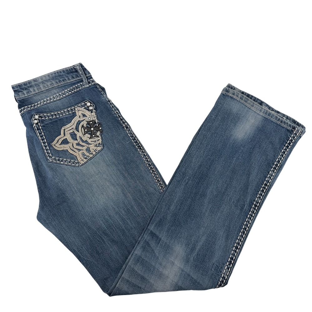 Rock 47 by Wrangler Jeans Women 11/12 x 34 Blue Low Rise Straight Leg Embroidery